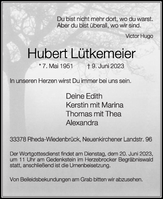 Traueranzeige von Hubert Lütkemeier von Die Glocke
