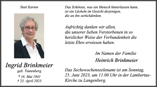 Traueranzeige von Ingrid Brinkmeier von Die Glocke