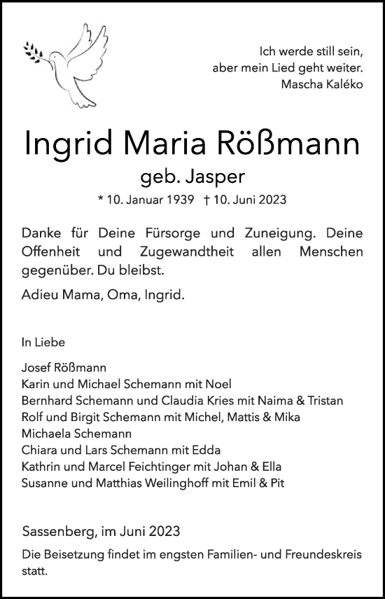 Traueranzeige von Ingrid Maria Rößmann von Die Glocke