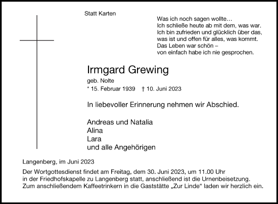 Traueranzeige von Irmgard Grewing von Die Glocke