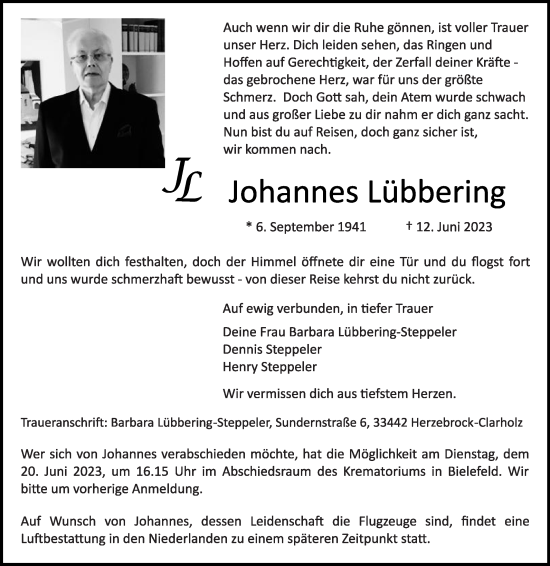 Traueranzeige von Johannes Lübbering von Die Glocke