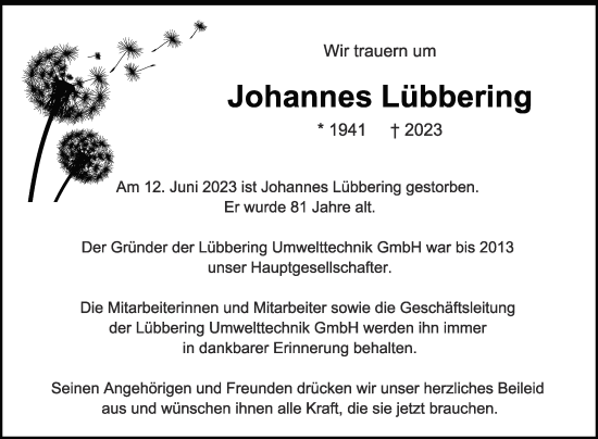 Traueranzeige von Johannes Lübbering von Die Glocke