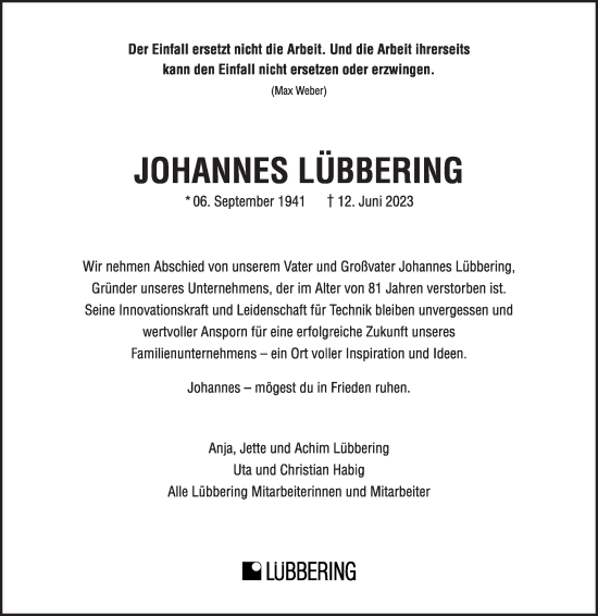 Traueranzeige von Johannes Lübbering von Die Glocke