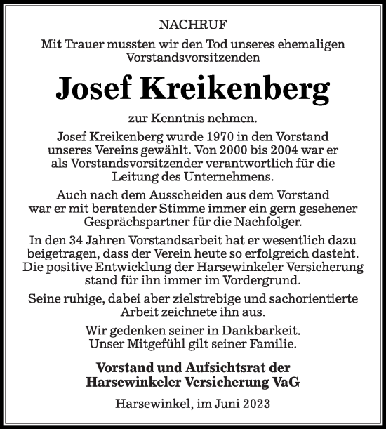 Traueranzeige von Josef Kreikenberg von Die Glocke