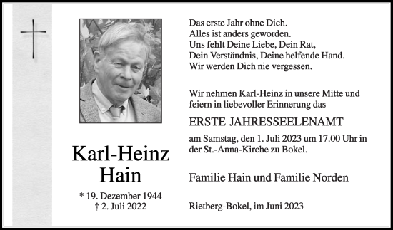 Traueranzeige von Karl-Heinz Hain von Die Glocke