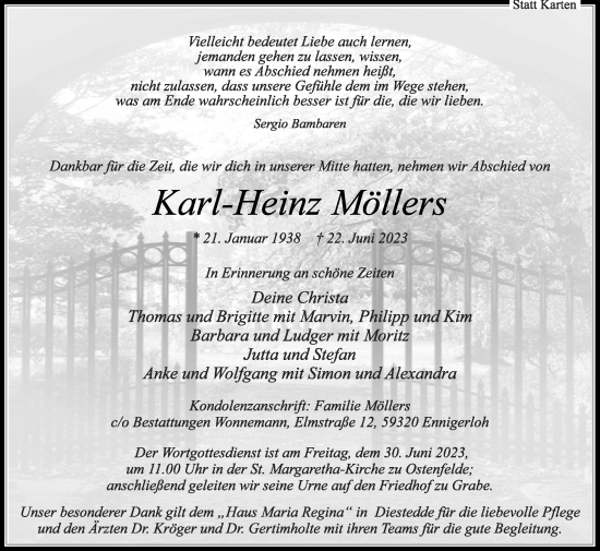 Traueranzeige von Karl-Heinz Möllers von Die Glocke