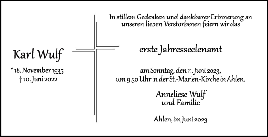 Traueranzeige von Karl Wulf von Die Glocke