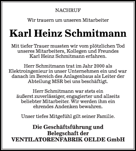 Traueranzeige von Karl Heinz Schmitmann von Die Glocke