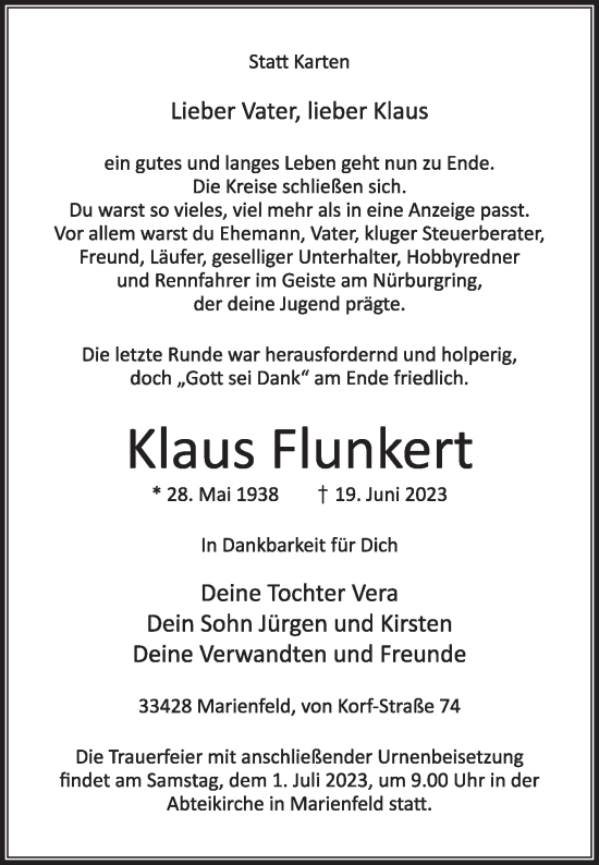 Traueranzeige von Klaus Flunkert von Die Glocke