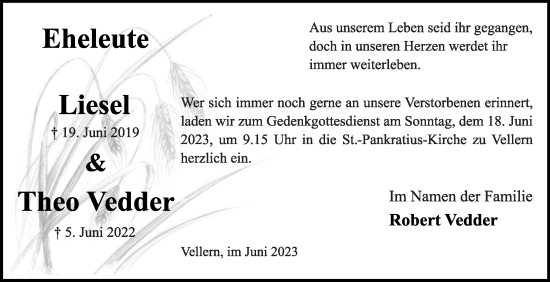 Traueranzeige von Liesel Vedder von Die Glocke