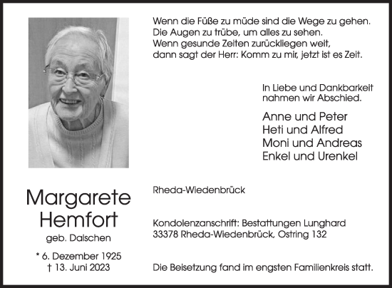 Traueranzeige von Margarete Hemfort von Die Glocke
