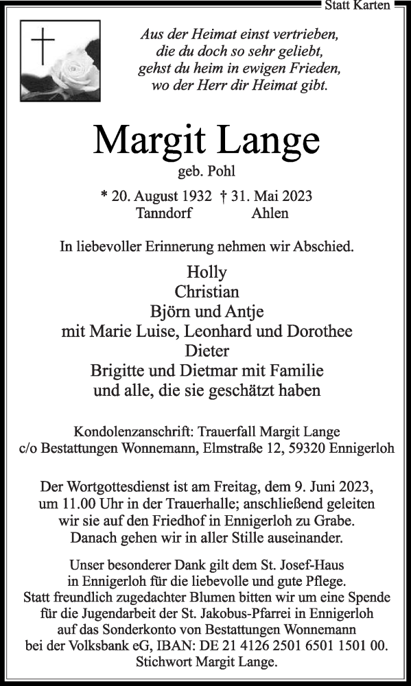  Traueranzeige für Margit Lange vom 03.06.2023 aus Die Glocke