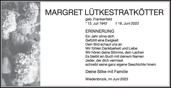 Traueranzeige von Margret Lütkestratkötter von Die Glocke
