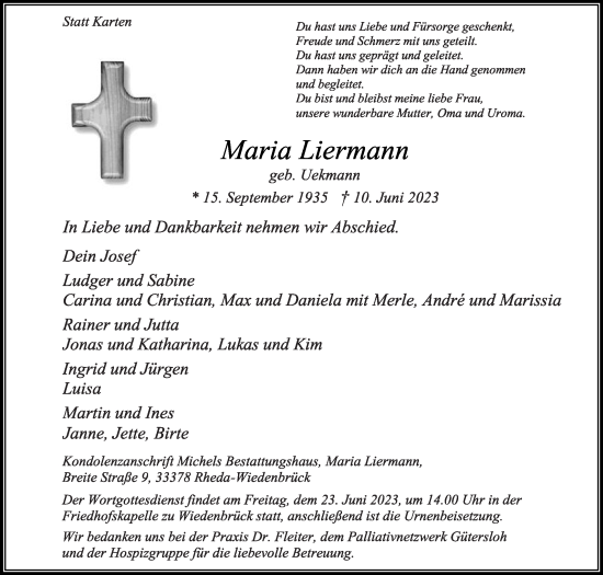Traueranzeige von Maria Liermann von Die Glocke