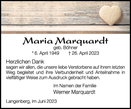 Traueranzeige von Maria Marquardt von Die Glocke