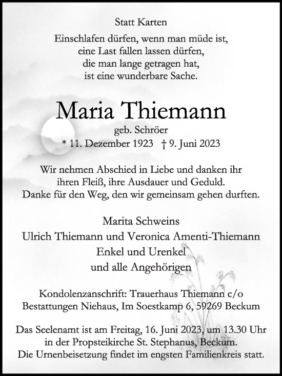 Traueranzeige von Maria Thiemann von Die Glocke