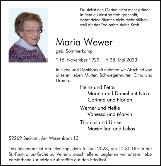 Traueranzeige von Maria Wewer von Die Glocke