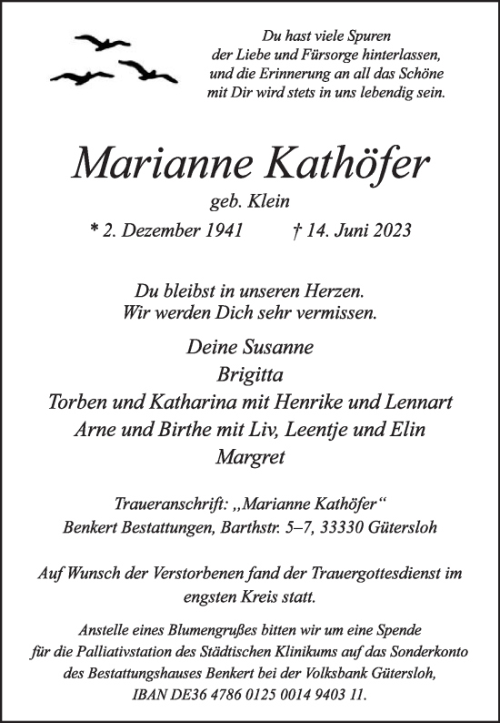 Traueranzeige von Marianne Kathöfer von Die Glocke
