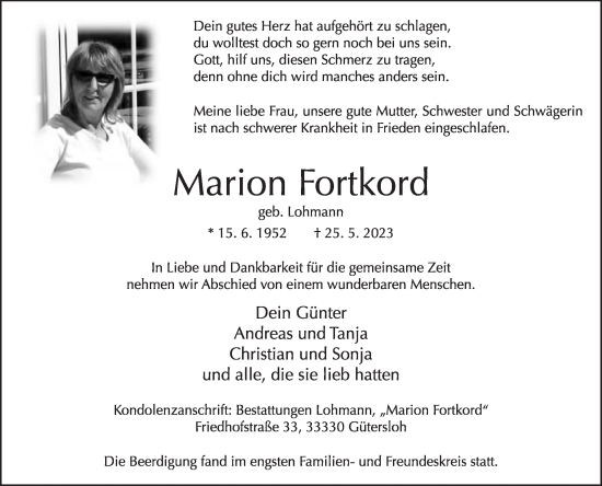 Traueranzeige von Marion Fortkord von Die Glocke