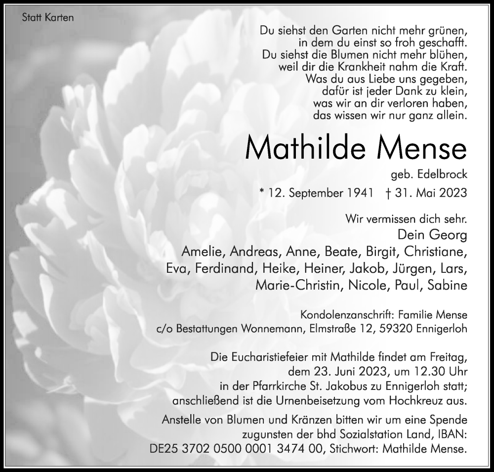  Traueranzeige für Mathilde Mense vom 03.06.2023 aus Die Glocke