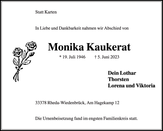 Traueranzeige von Monika Kaukerat von Die Glocke