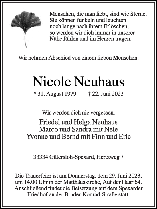 Traueranzeige von Nicole Neuhaus von Die Glocke