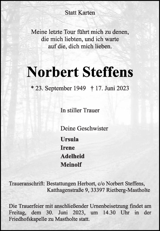 Traueranzeige von Norbert Steffens von Die Glocke