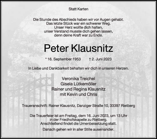 Traueranzeige von Peter Klausnitz von Die Glocke