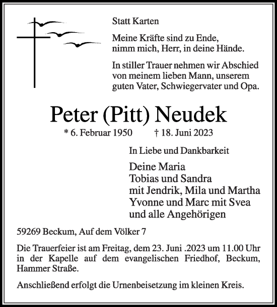 Traueranzeige von Peter Neudek von Die Glocke