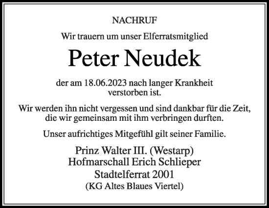 Traueranzeige von Peter Neudek von Die Glocke