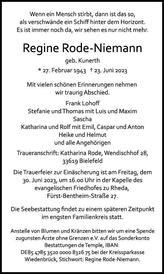 Traueranzeige von Regine Rode-Niemann von Die Glocke