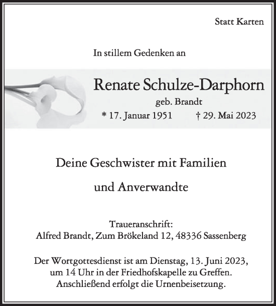 Traueranzeige von Renate Schulze-Darphorn von Die Glocke