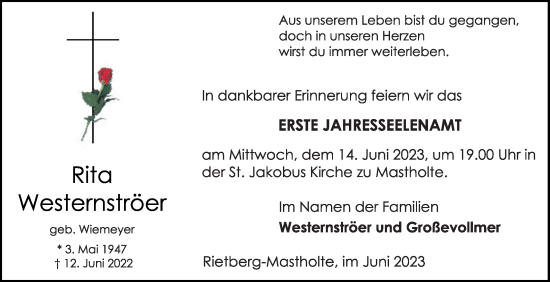 Traueranzeige von Rita Westernströer von Die Glocke