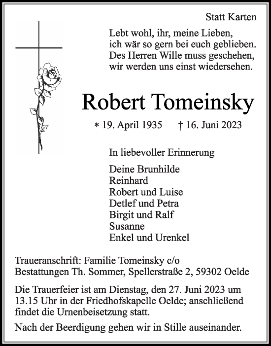 Traueranzeige von Robert Tomeinsky von Die Glocke
