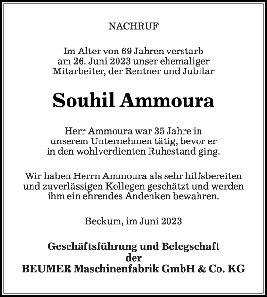 Traueranzeige von Souhil Ammoura von Die Glocke