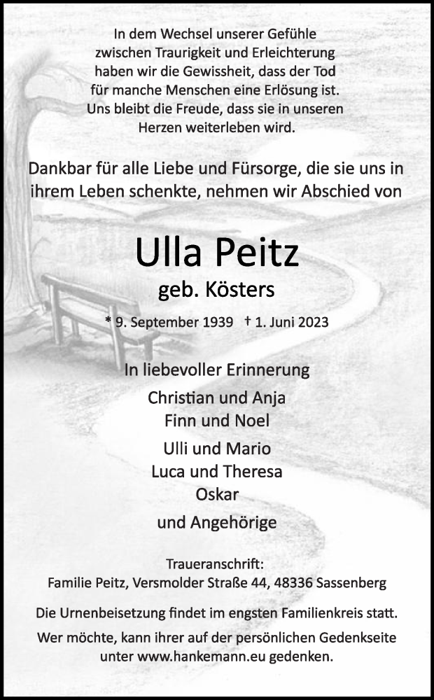  Traueranzeige für Ulla Peitz vom 03.06.2023 aus Die Glocke