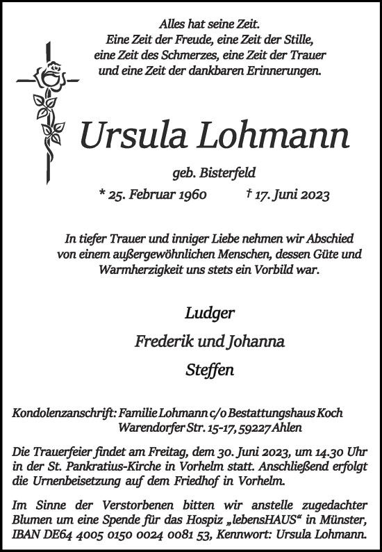 Traueranzeige von Ursula Lohmann von Die Glocke