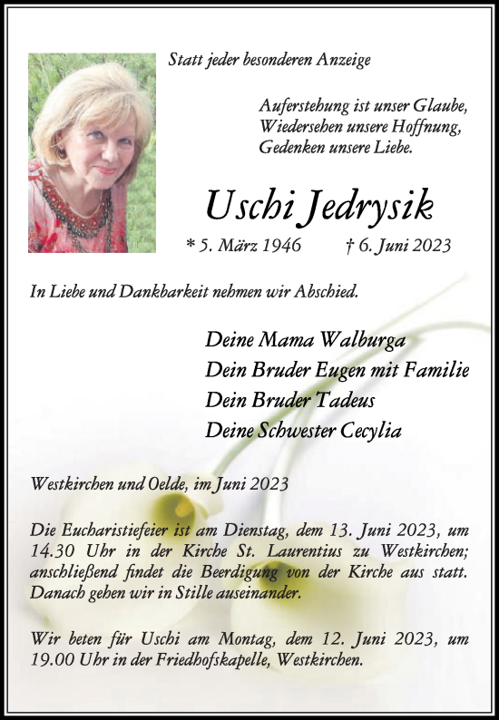 Traueranzeige von Uschi Jedrysik von Die Glocke