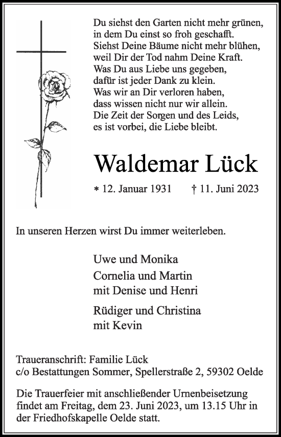 Traueranzeige von Waldemar Lück von Die Glocke