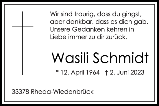 Traueranzeige von Wasili Schmidt von Die Glocke