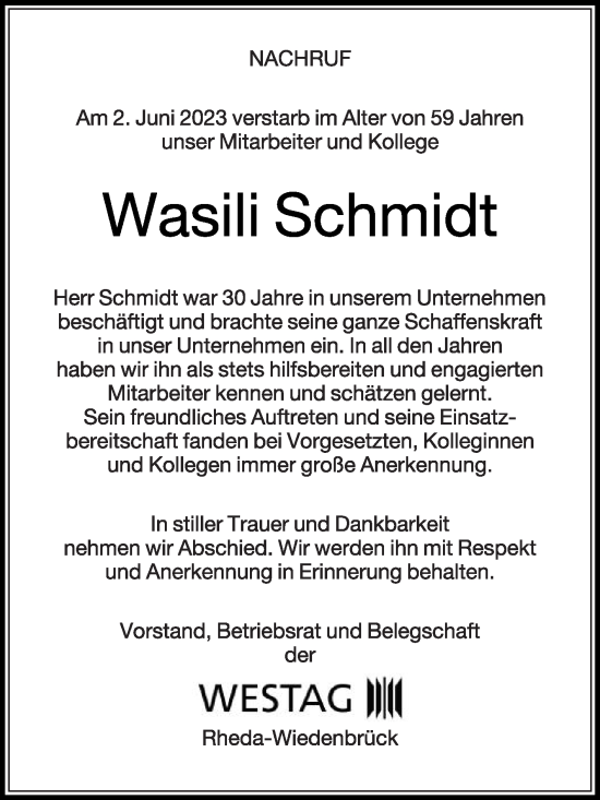 Traueranzeige von Wasili Schmidt von Die Glocke