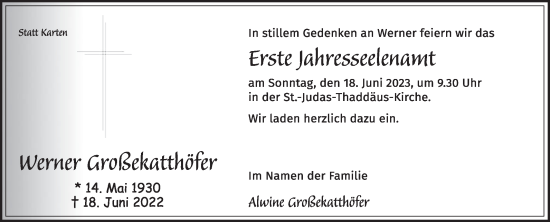 Traueranzeige von Werner Großekatthöfer von Die Glocke