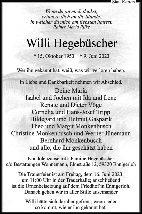 Traueranzeige von Willi Hegebüscher von Die Glocke