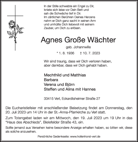 Traueranzeige von Agnes  Große Wächter von Die Glocke