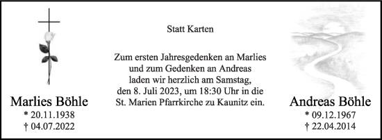 Traueranzeige von Andreas Böhle von Die Glocke