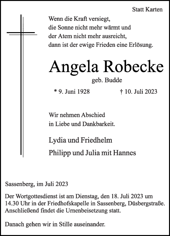 Traueranzeige von Angela Robecke von Die Glocke