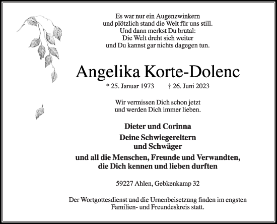Traueranzeige von Angelika Korte-Dolenc von Die Glocke