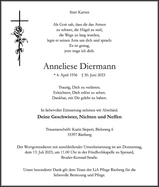 Traueranzeige von Anneliese Diermann von Die Glocke