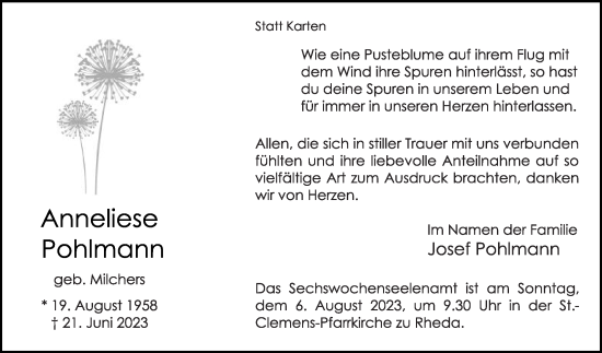 Traueranzeige von Anneliese Pohlmann von Die Glocke