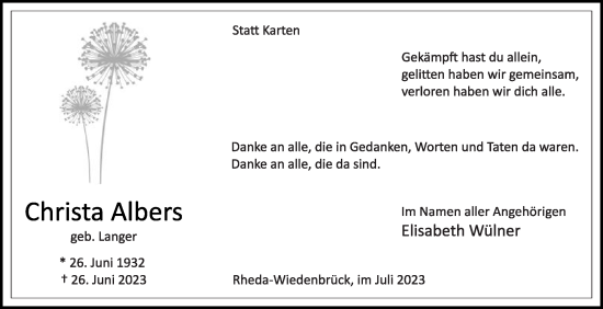Traueranzeige von Christa Albers von Die Glocke
